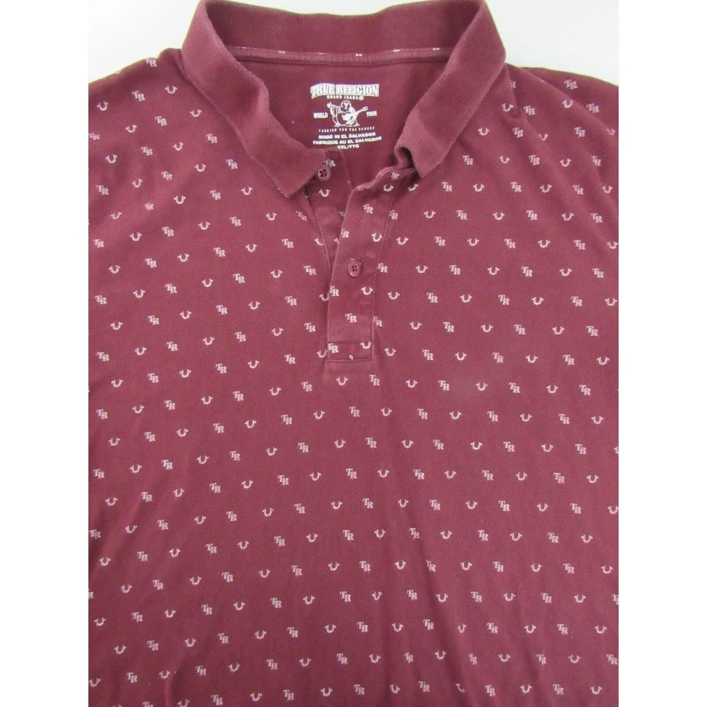 Vintage True Religion Monogram Burgundy Polo Shirt Sz L 100% Cotton Distress